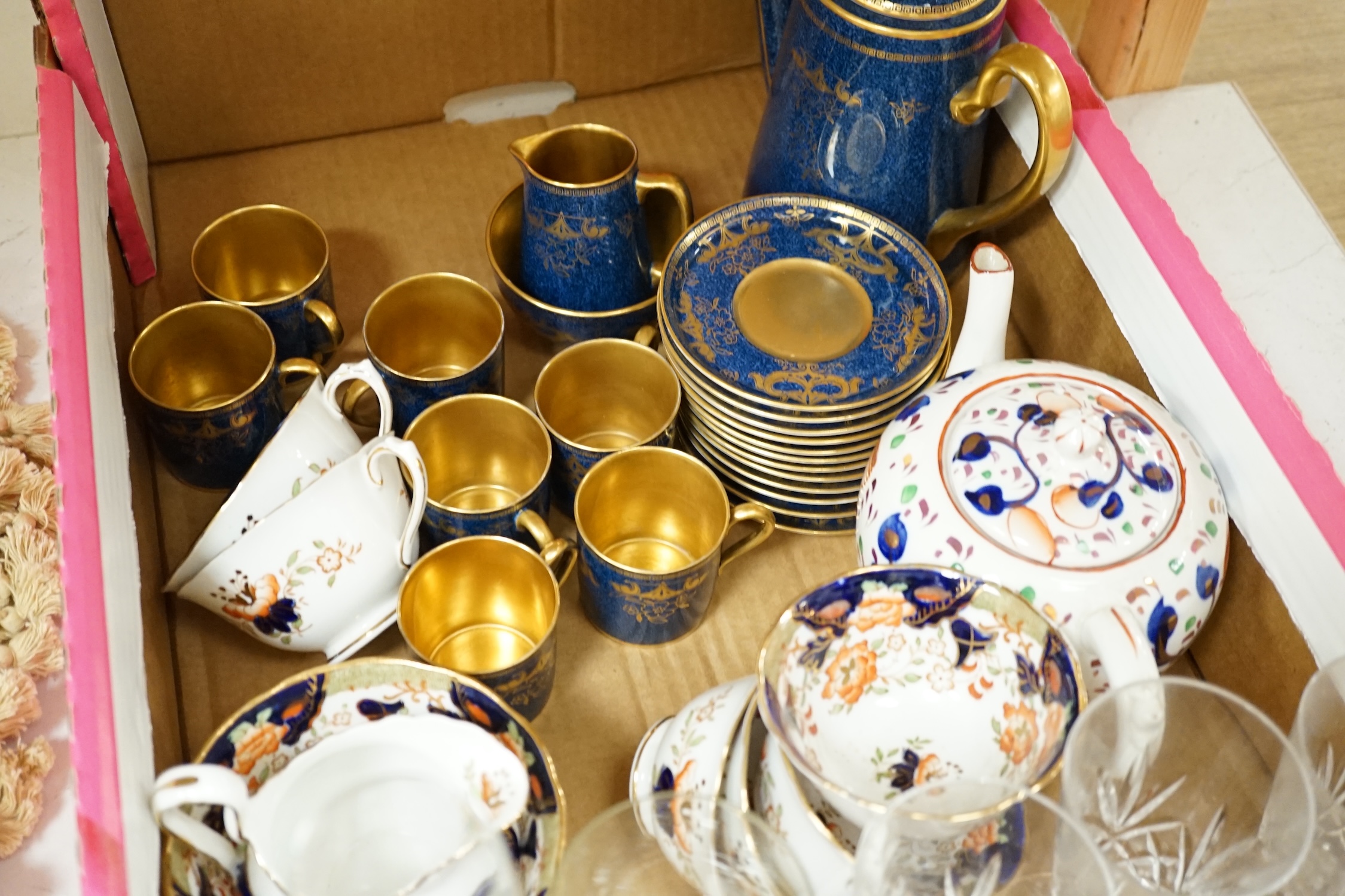 A Collingwood powder blue and gilt bone china part coffee set together with mixed glassware and New Chelsea part tea set